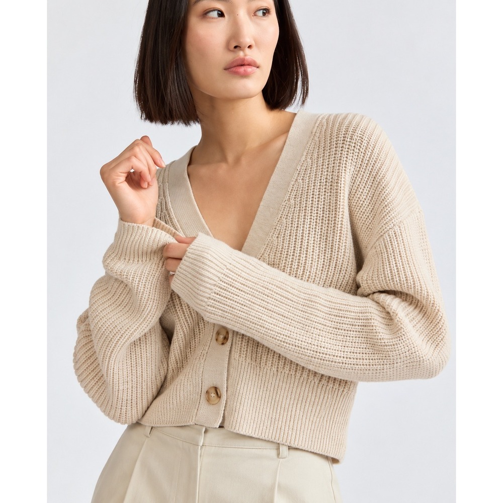 Babaton Aritzia Cream Merino Wool Cropped Cardigan Sweater Chunky Knit- XS